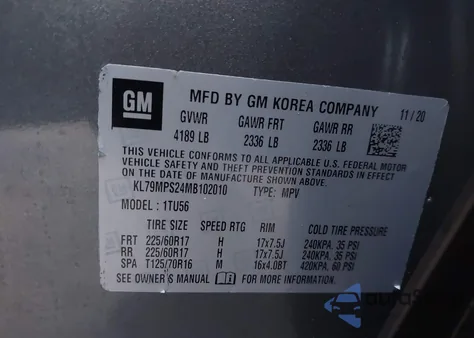 2021 Chevrolet Trailblazer Fwd Lt z USA, uszkodzony, nr VIN KL79MPS24MB102010